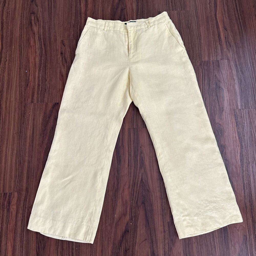 Lauren Ralph Lauren SZ 8 Women's 100% Linen Yellow Pants Lined Flat Front Pocket